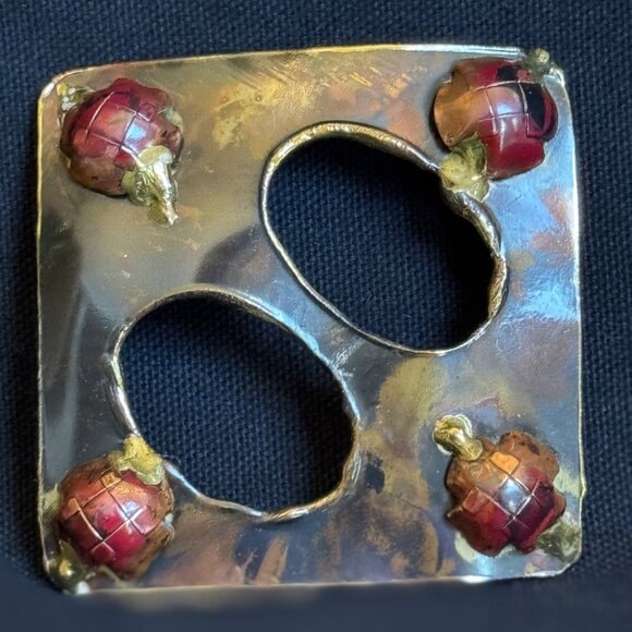 AFRICAN EXPRESS Handcrafted Brass & Red Enamel Square Buckle With Tortoise Motif - Picture 2 of 6